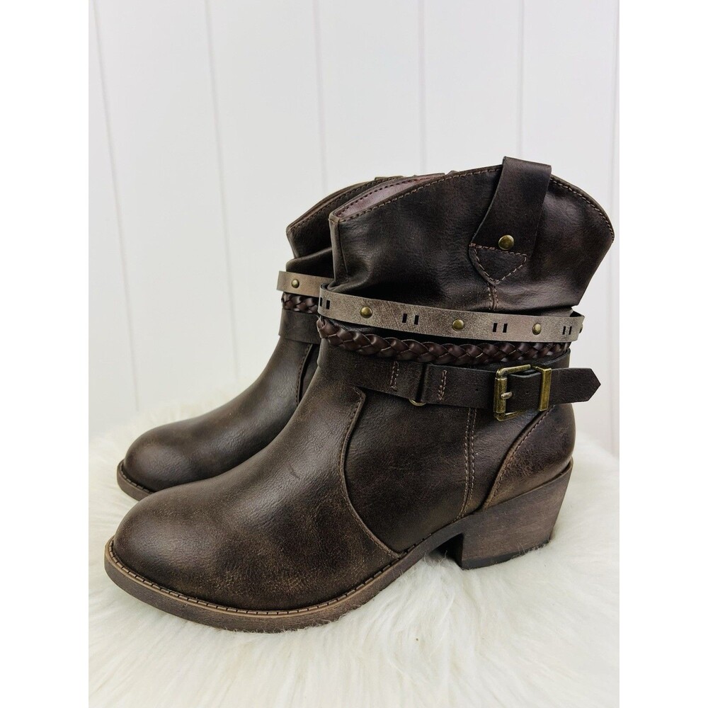 Jellypop Loraine Ankle Boots Dark Brown Strap Studded Buckle Booties Women's Sz